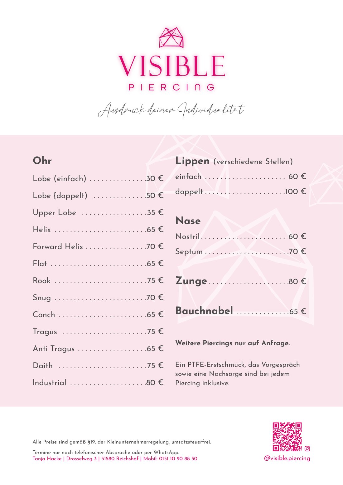 Visible Piercing Preisliste